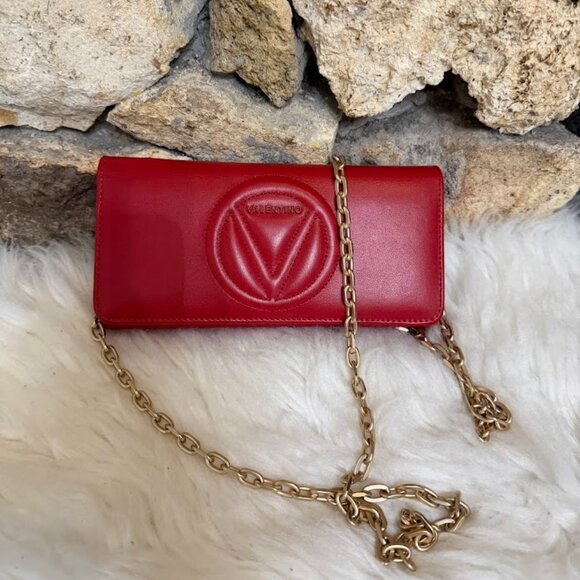 MARIO VALENTINO SPA Red Leather Chain Wallet Clutch V Logo - Picture 5 of 9